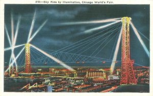 1933 Chicago Expo Sky Ride by Illumination, Night View WB Postcard Unused