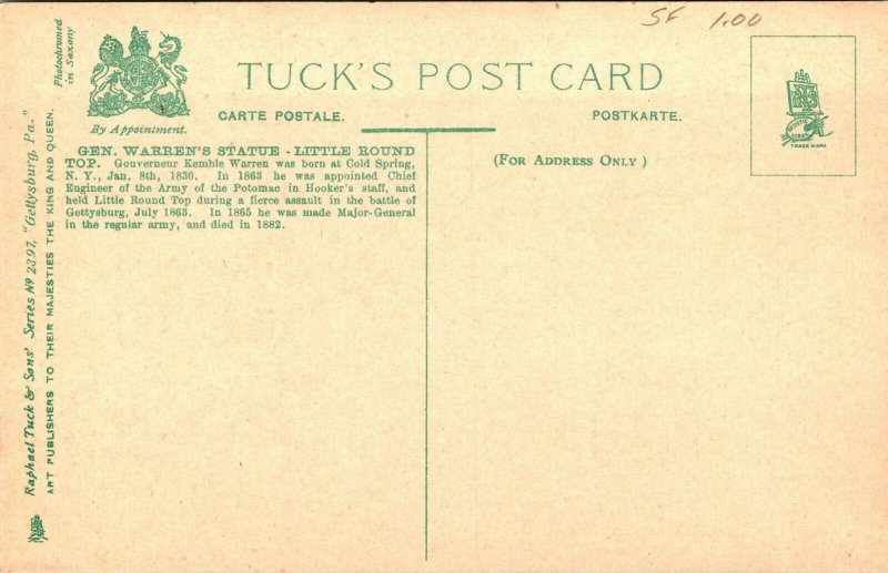 1900s Tuck's Postcard Gettysburg PA General Warren Statue Little Round Top UNP