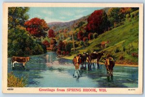 Spring Brook Wisconsin WI Postcard Greetings Cows On River Scene c1940's Vintage