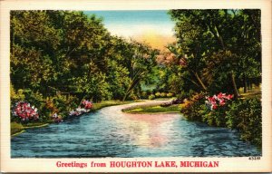 Vtg Scenic Greetings from Houghton Lake Michigan MI 1940s Linen Postcard