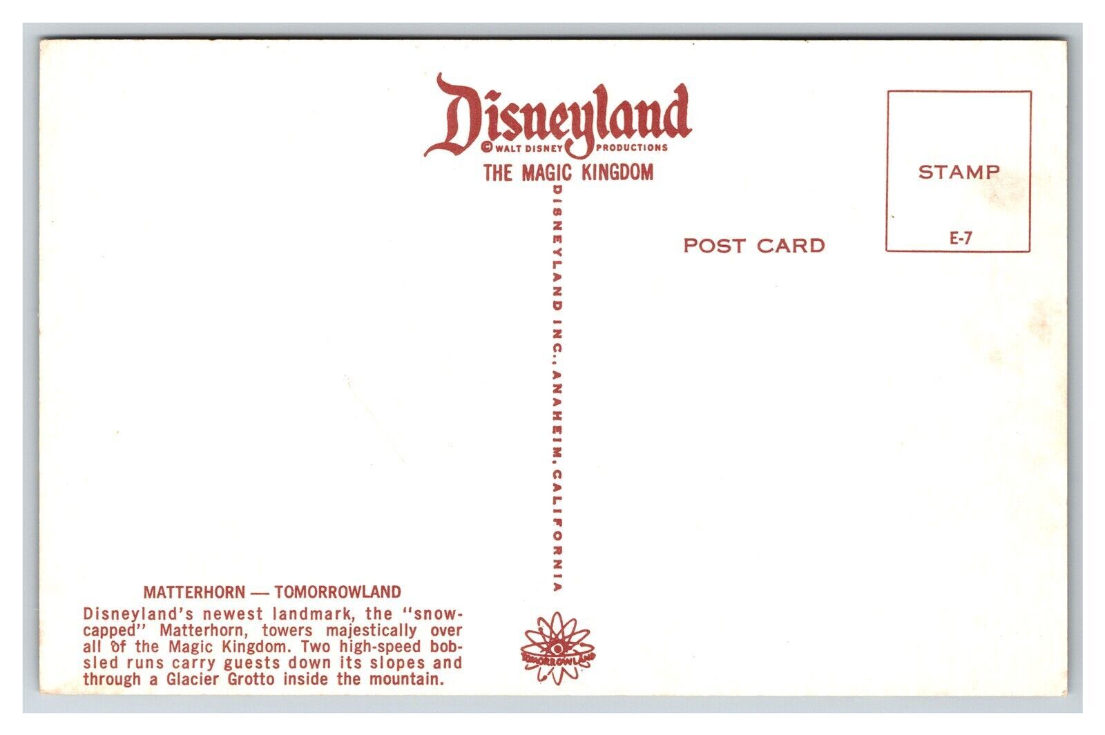 Disneyland Postcard Matterhorn Tomorrowland Exhibit Unposted Vintage E7 ...