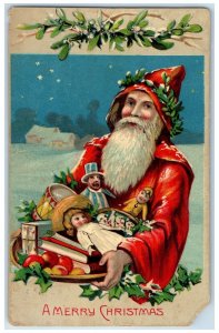 1908 Merry Christmas Santa Claus With Toys Mistletoe Winter Brooklyn NY Postcard 