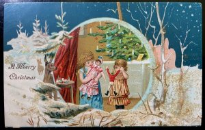 Vintage Victorian Postcard 1910 A Merry Christmas- Little Girls by Tree