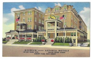 Keswick and Astoria Hotels, Asbury Park, New Jersey, Unused Linen Ad Postcard