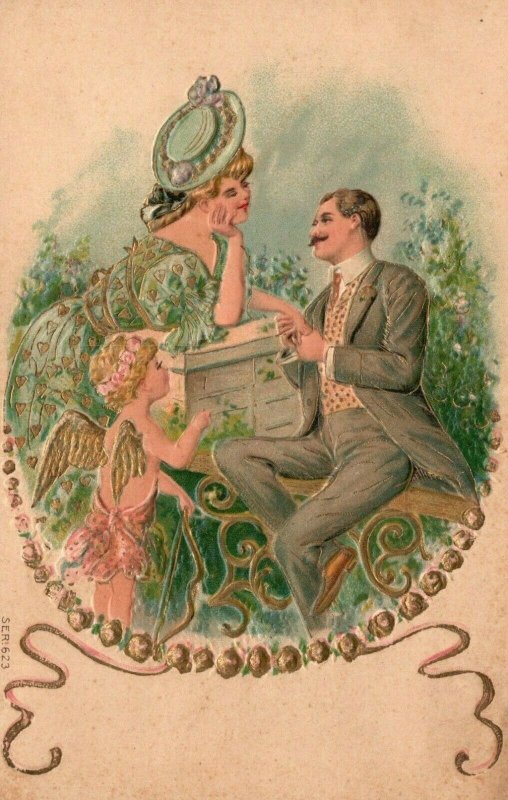 Vintage Postcard 1910's Man & Woman in Love Young Girl Angel Watching Embossed