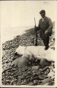 Norway Polar Bear Hunting Hunter Gun Dead Bear c1930s Real Photo Postcard