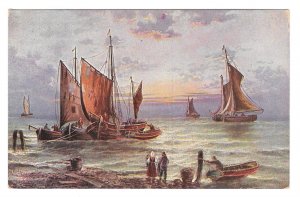 Nautical Painting Sailboats Sea Shore Beach Fishing Boat Vintage German Postcard