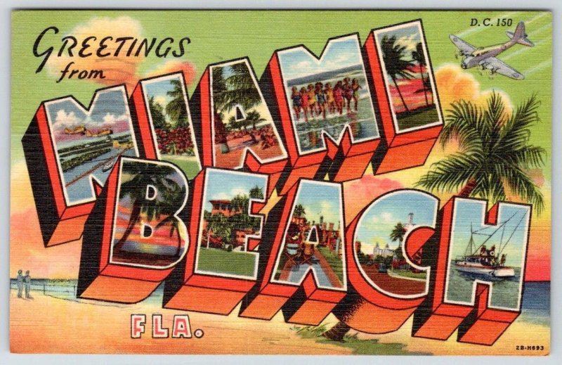 1949 GREETINGS FROM MIAMI FLORIDA CURT TEICH VINTAGE LARGE LETTER LINEN POSTCARD 