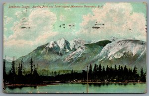 Postcard Vancouver BC c1907 Deadmans Island Stanley Park & Snow Capped Mountains