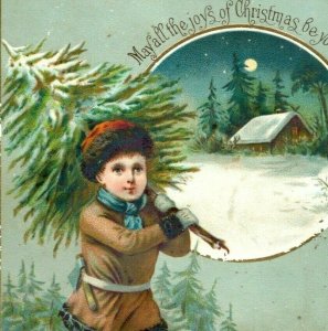 1880s-90s Victorian Card Christmas Tree Night Winter Snow Boy P216
