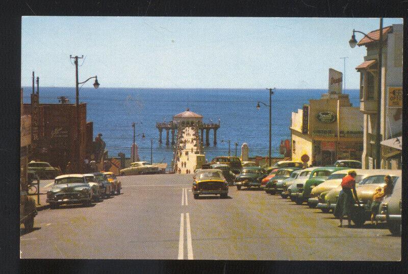 MANHATTAN BEACH CALIFORNIA STREET SCENE 1950's CARS VINTAGE POSTCARD CALIF.