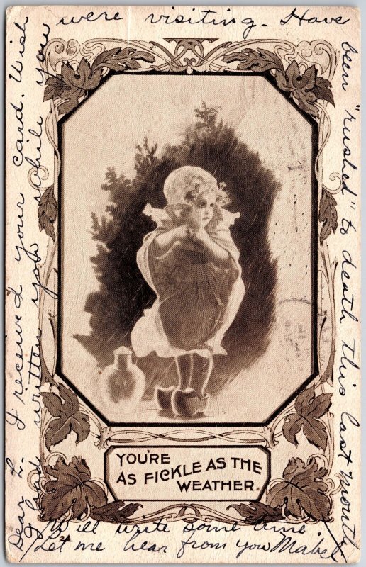 1907 You're As Fickle As The Weather Cute Little Angel Under The Rain Postcard