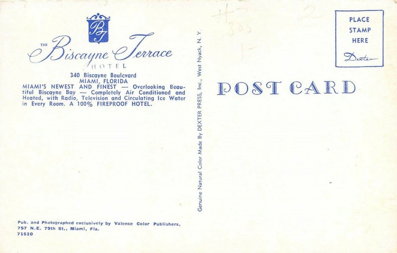 Miami Florida 1950s Postcard Biscayne Terrace Hotel