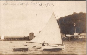 RPPC Sailing Scene 1907 Boating Pier Boathouses US Flag Real Photo Postcard Y17