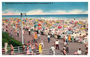 Vintage 1955 Postcard Boardwalk and Beach Rockaway Beach Long Island New York