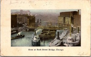 View of River at Rush Street Bridge, Chicago IL c1910 Vintage Postcard Q46