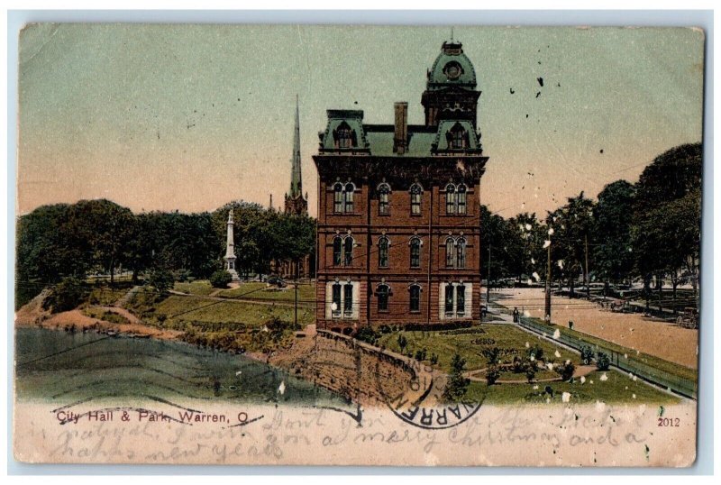 Warren Ohio Postcard City Hall Park Exterior View Building 1907 Vintage Antique