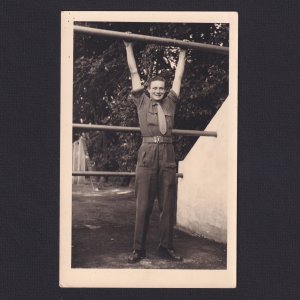 Real photo postcard, RPPC, WWI, the soldier doing gymnastics, Uniform