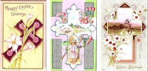 3~ca1910's Holiday Postcards EASTER GREETINGS Embossed Cross & Flower Greetings