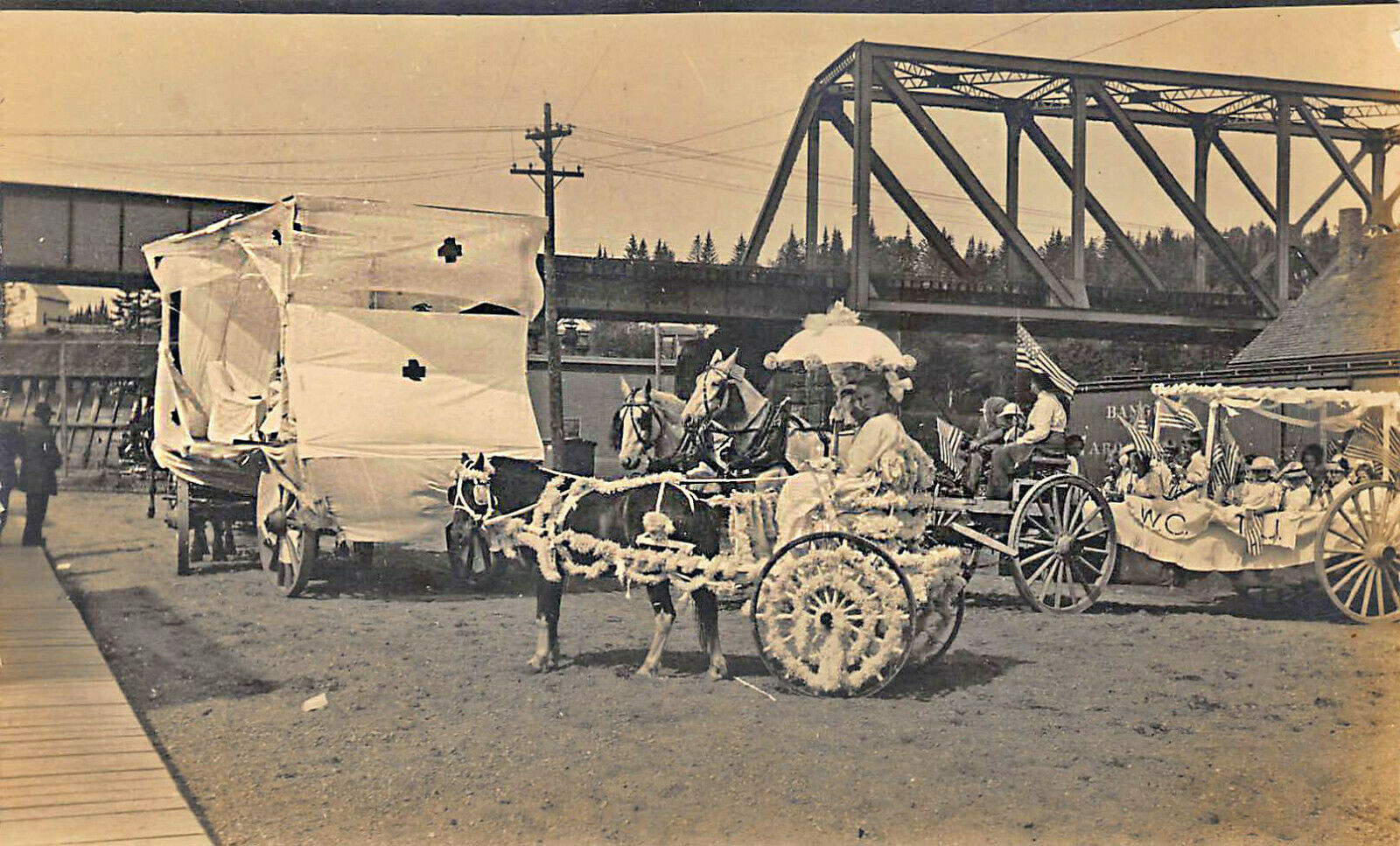 Greenville ME Parade Horse & Wagon Floats Railroad Bridge Real Photo