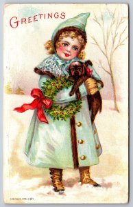 Maud Humphrey Christmas~Cute Girl In Blue Coat Holds Puppy~Holly Wreath~c1909
