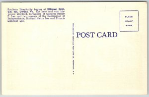 Owens Virginia 1940s Postcard Hillcrest Grill Stratford Birthplace Robert E. Lee