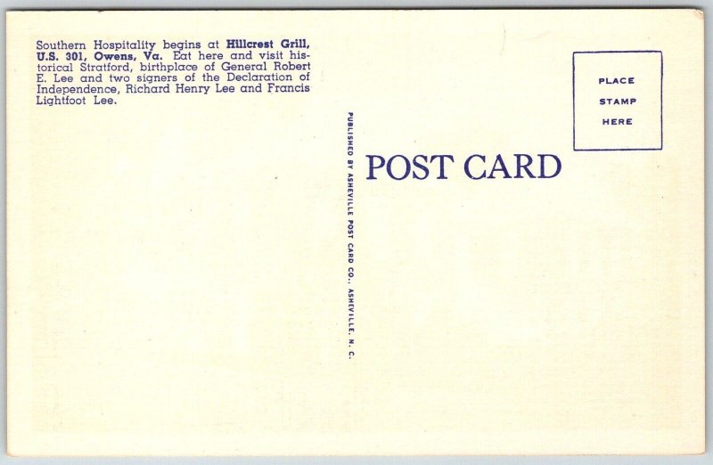 Owens Virginia 1940s Postcard Hillcrest Grill Stratford Birthplace Robert E. Lee
