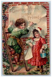 c1910's Greetings From Little Friends Children Ladder Paint Embossed Postcard