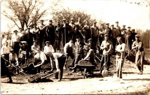 RPPC Men Construction Work Crew Wheelbarrows Shovels Real Photo Postcard