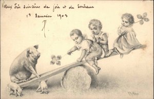 Wichera MM Vienne Fantasy Children Seesaw with Pigs Teeter Totter c1910 PC
