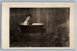 c1910's Little Boy Bathing On Small Bath Tub RPPC Photo Posted Antique Postcard