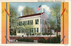 Springfield Illinois IL Abraham Lincoln Home House American Flag Linen Postcard 