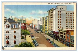 1942 Aerial View O Street Looking East Buildings Cars Lincoln Nebraska Postcard