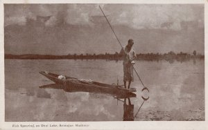 Fish Spearing Dhal Lake Srinagar Kashmir India Old Postcard