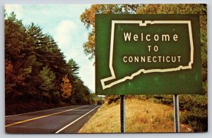 Sign~Welcome To Connecticut~Hwy Roadside Autumn Scene~Forest~1950s Postcard
