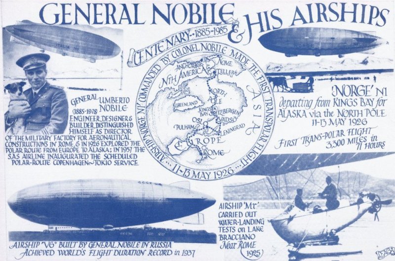 General Nobile & His Airships Flight Map Globe Plane Captain Postcard