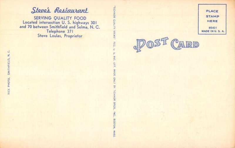 Selma North Carolina Steve's Restaurant Linen Vintage Postcard AA36848