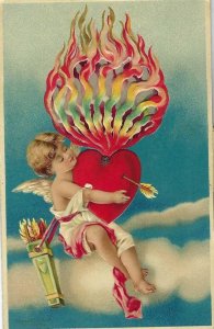 Vintage Novelty Valentines Day Mechanical Postcard. Cupid with a heart on fire!