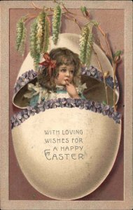 Easter Little Girl in Giant Egg Flowers Embossed c1910 Vintage Postcard