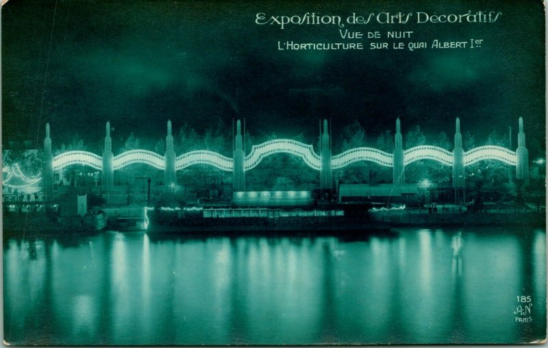 1925 RPPC Paris Exposition Des City Decoratifs Horticulture on Quai Albert Night