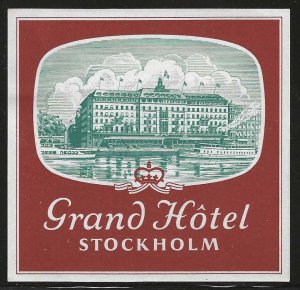 Grand Hotel, Stockholm, Sweden, Hotel Label, Unused, Full Gum, N.H.