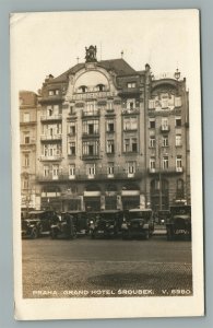CZECH REPUBLIC PRAHA GRAND HOTEL SROUBEK VINTAGE REAL PHOTO POSTCARD RPPC w/CARS