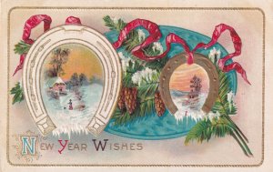New Year Wishes Winter Farm Scene Horseshoe Postcard E42