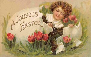 Boys Broken Egg Tulips Joyous Happy Easter Greetings 1910c postcard