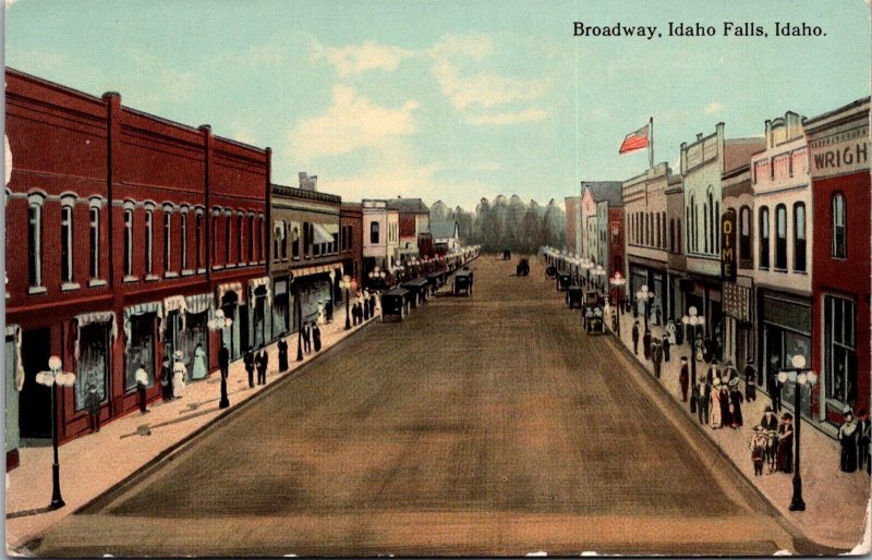 View Looking Down Broadway Business District Idaho Falls ID Vintage Postcard S77