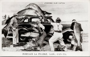 Portage La Prairie MB Huge Fish Fishermen Car Exaggeration RPPC Postcard F55