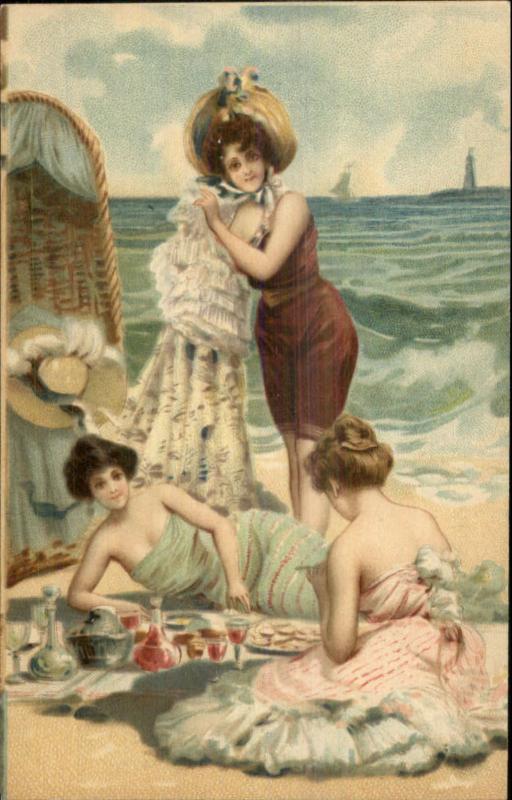 Bathing Beauty Ladies Wine Picnic on Beach c1905 #12211 Lithograph Postcard