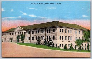 Vtg Kansas KS Fort Riley Academic Building Army Base Military Kaw 1940s Postcard