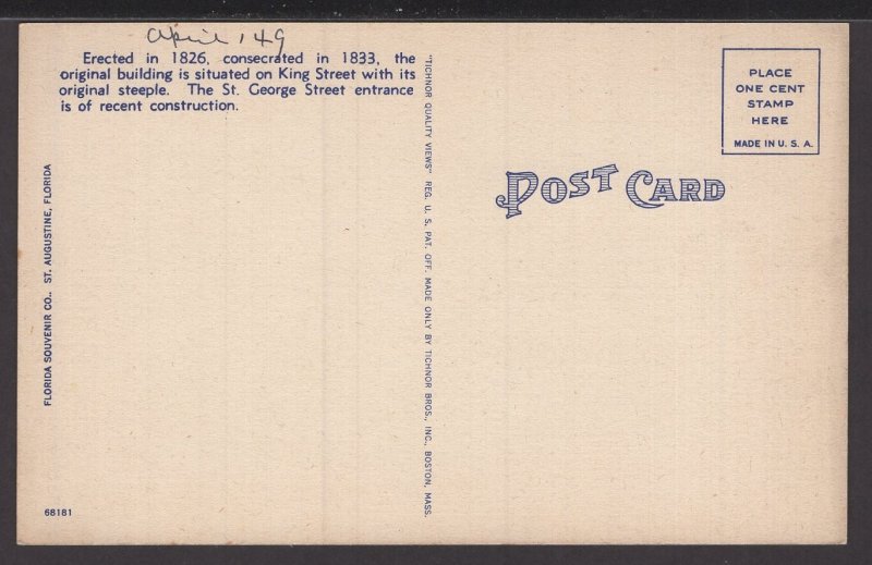 Florida St. Augustine - Trinity Episcopal Church erected in 1826 ~ LINEN