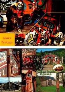 2~4X6 Postcards  AK, Alaska  HERITAGE~Chilkat Center Dancers & TOTEM HOUSES